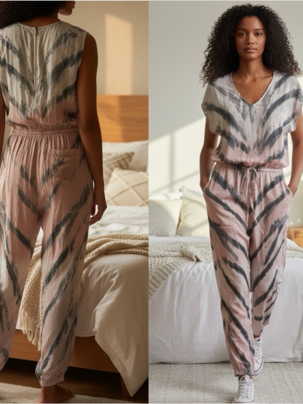Olivaceous Tie-Dye Jumpsuit M Pink‎ Gray V-Neck Sleeveless Elastic Waist & Ankle